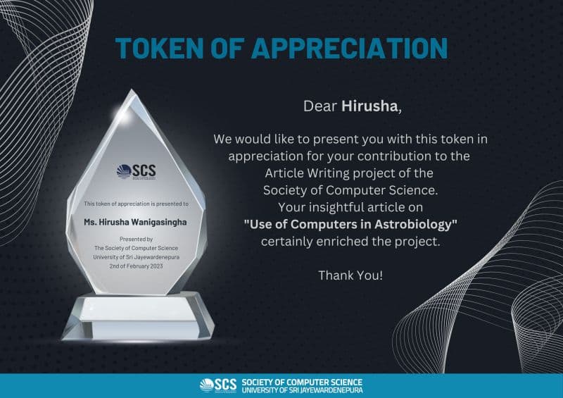 Token of Appreciation from the Society of Computer Science, USJ